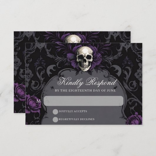Gothic Elegance Lila Boho Skull Floral Wedding RSVP Karte (Vorne/Hinten)