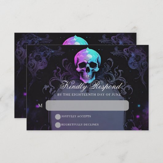 Gothic Elegance Lila Boho Skull Floral Wedding RSVP Karte (Vorne/Hinten)