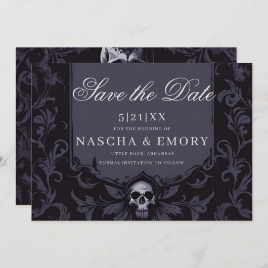 Gothic Elegance Lila Boho Skull Save the Date (Vorne/Hinten)
