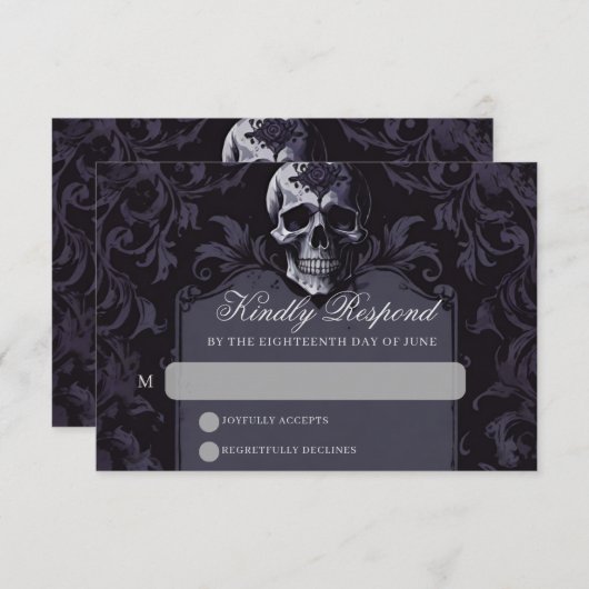 Gothic Elegance Lila Boho Skull Wedding RSVP Karte (Vorne/Hinten)