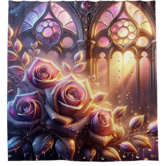 "Gothic Elegance: Raindrops on Rose" Duschvorhang (Vorderseite)