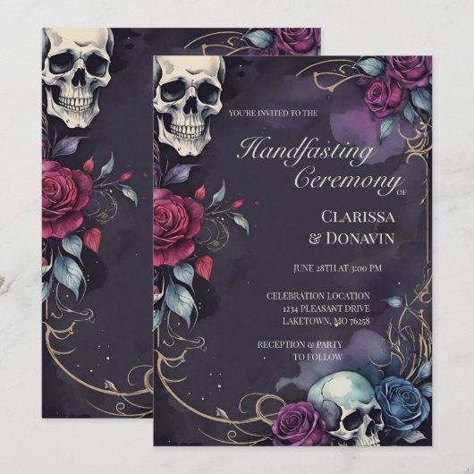 Gothic Elegant Totenkopf- und Rosen-Handfasting Einladung (Vorne/Hinten)