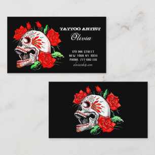 Gothic-eleganter Totenkopf und rote Rosen Visitenk Visitenkarte