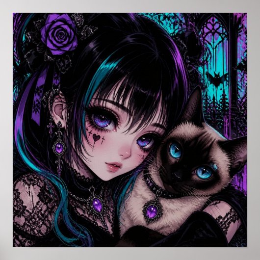 Gothic Emo Anime Mädchen & Katze Poster (Vorne)