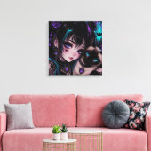 Gothic Emo | Anime-Mädchen und Katze Leinwanddruck (Insitu (Wohnzimmer))