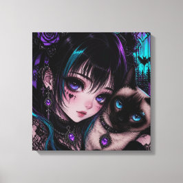 Gothic Emo | Anime-Mädchen und Katze Leinwanddruck