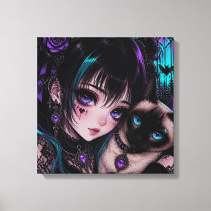 Gothic Emo Anime-Mädchen und Katze Leinwanddruck