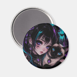 Gothic Emo Anime-Mädchen und Katze Magnet
