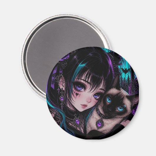 Gothic Emo Anime-Mädchen und Katze Magnet (Vorderseite/Rückseite)