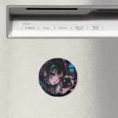 Gothic Emo Anime-Mädchen und Katze Magnet (In Situ (Geschirrspüler))