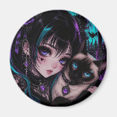 Gothic Emo Anime-Mädchen und Katze Magnet (Vorne)