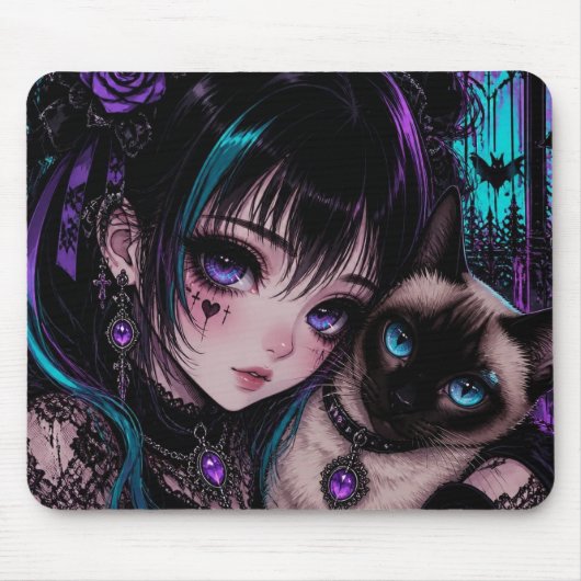 Gothic Emo | Anime-Mädchen und Katze Mousepad (Vorne)