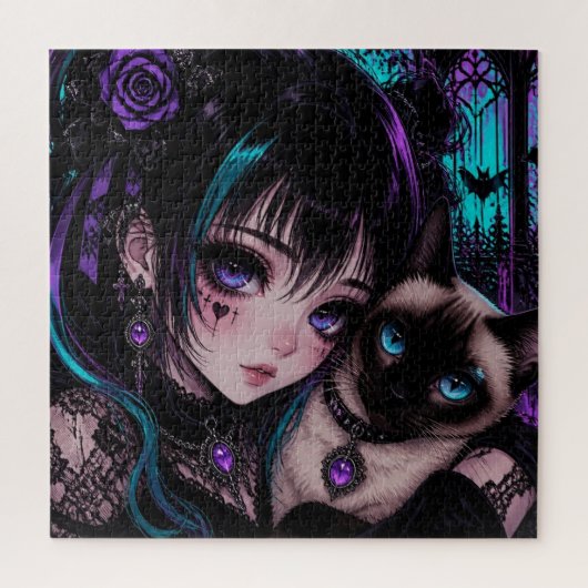 Gothic Emo | Anime-Mädchen und Katze Puzzle (Vertikal)