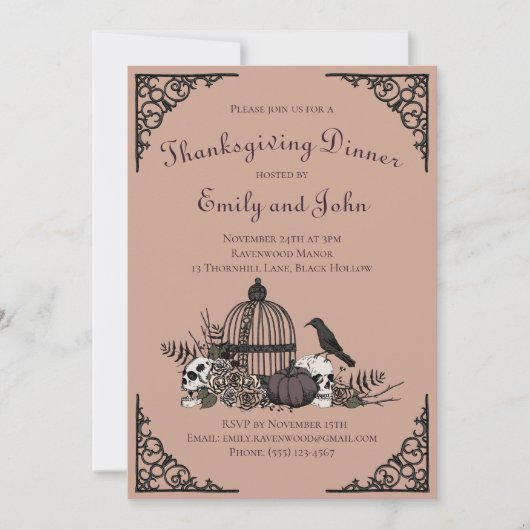Gothic Erntedank Dinner Skulls, Pumpkin, Raven Einladung (Vorderseite)
