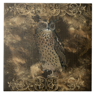 Gothic Eule & Golden Spitze Muster auf Schwarz Fliese