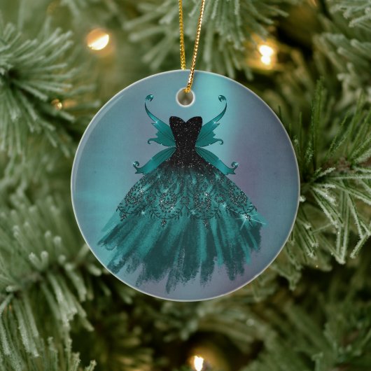 Gothic Fairy Aquamarin Gown | Deep Midnight Green Keramik Ornament (Baum)