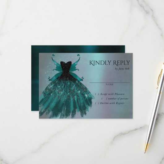 Gothic Fairy Aquamarin Gown | Deep Midnight Green RSVP Karte (Vorderseite/Rückseite Beispiel)