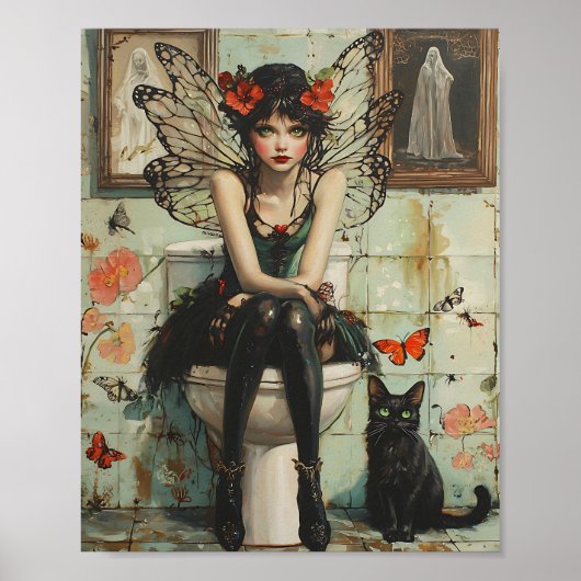 Gothic Fairy & Black Cat Quirky Halloween Art Poster (Vorne)