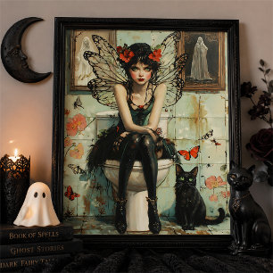 Gothic Fairy & Black Cat Quirky Halloween Art Poster