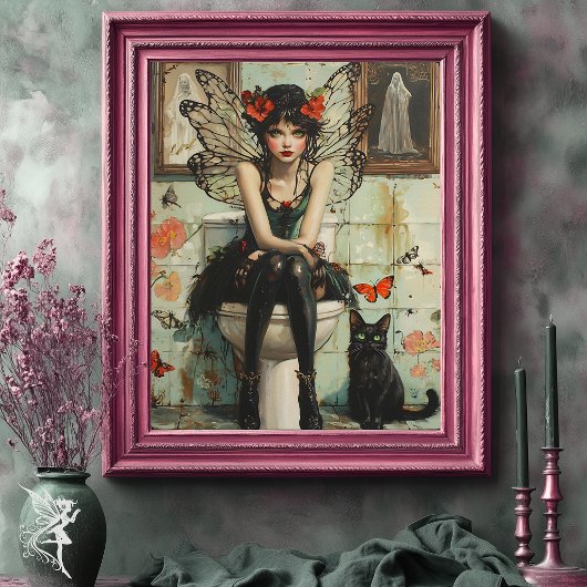 Gothic Fairy & Black Cat Quirky Halloween Art Poster