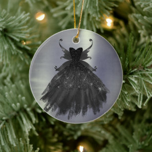Gothic Fairy Black Gown   Vampy Glam Goth Sheen Keramik Ornament