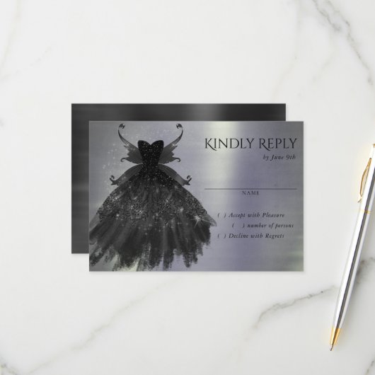 Gothic Fairy Black Gown | Vampy Glam Goth Sheen RSVP Karte (Vorderseite/Rückseite Beispiel)