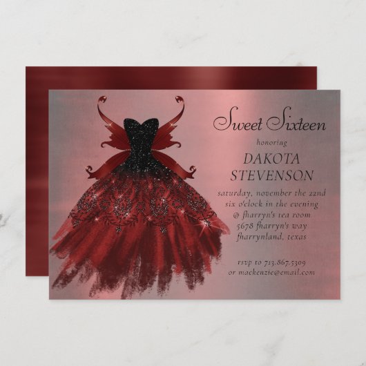 Gothic Fairy Crimson Gown | Deep Radiant Red Sheen Einladung (Vorne/Hinten)
