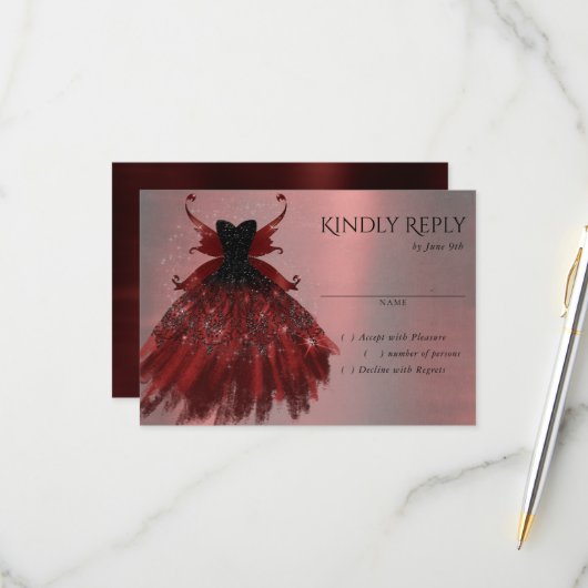 Gothic Fairy Crimson Gown | Deep Radiant Red Sheen RSVP Karte (Vorderseite/Rückseite Beispiel)