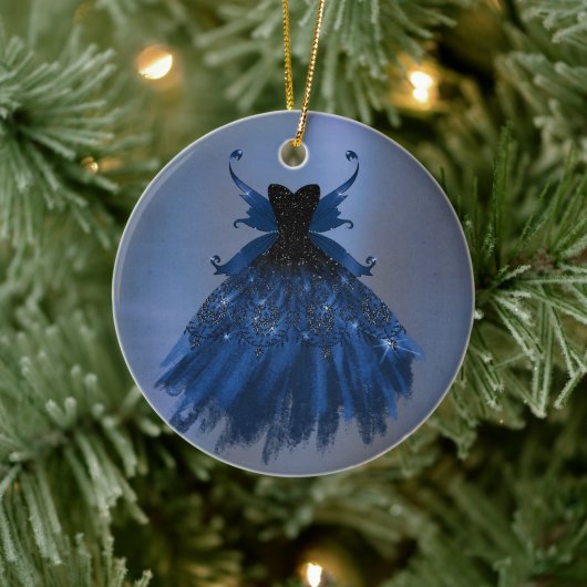 Gothic Fairy Navy Gown | Deep Cobalt Blue Sheen Keramik Ornament (Baum)