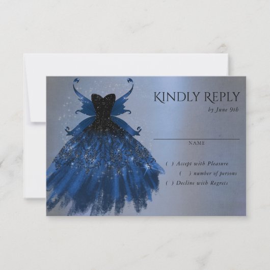 Gothic Fairy Navy Gown | Deep Cobalt Blue Sheen RSVP Karte (Vorderseite)