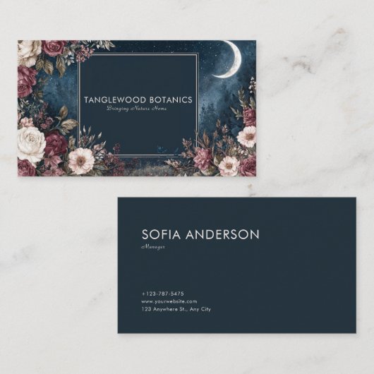 Gothic Fairytale Celestial Moon Burgundy Rose Visitenkarte (Vorne/Hinten)