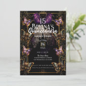 Gothic Fairytale Gold Butterfly & Bat Quinceañera Einladung (Stehend Vorderseite)
