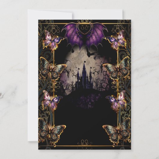 Gothic Fairytale Gold Butterfly & Bat Quinceañera Einladung (Rückseite)