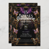 Gothic Fairytale Gold Butterfly & Bat Quinceañera Einladung (Vorne/Hinten)