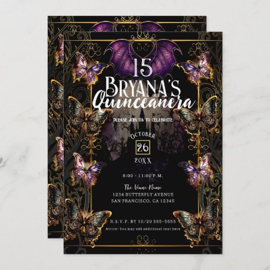 Gothic Fairytale Gold Butterfly & Bat Quinceañera Einladung (Vorne/Hinten)