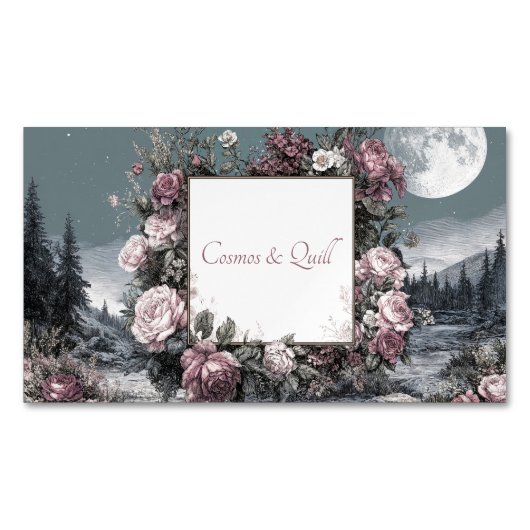Gothic Fairytale Rose Frame Moonlit Forest Scene Magnetische Visitenkarte (Vorderseite)