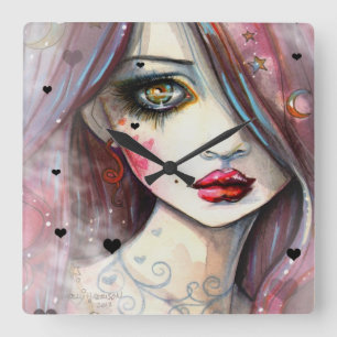 Gothic Fantasy Art Mädchen mit Herzen Quadratische Wanduhr