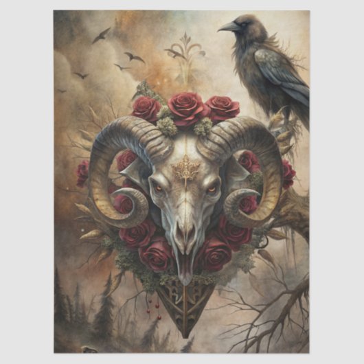 Gothic Fantasy Ram's Skull & Raven Seidenpapier (Vorderseite)