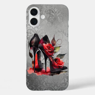 Gothic Fashionista Rote Bottom Stilettos mit Rose iPhone 16 Plus Hülle