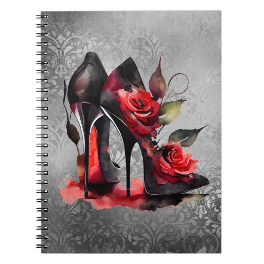 Gothic Fashionista Rote Bottom Stilettos mit Rose Notizblock (Vorderseite)