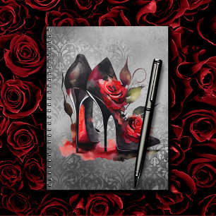 Gothic Fashionista Rote Bottom Stilettos mit Rose Notizblock