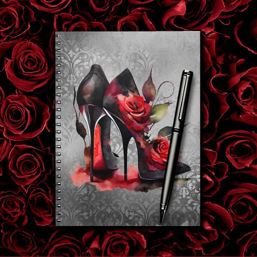 Gothic Fashionista Rote Bottom Stilettos mit Rose Notizblock