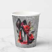 Gothic Fashionista Rote Bottom Stilettos mit Rose Pappbecher (Vorderseite)