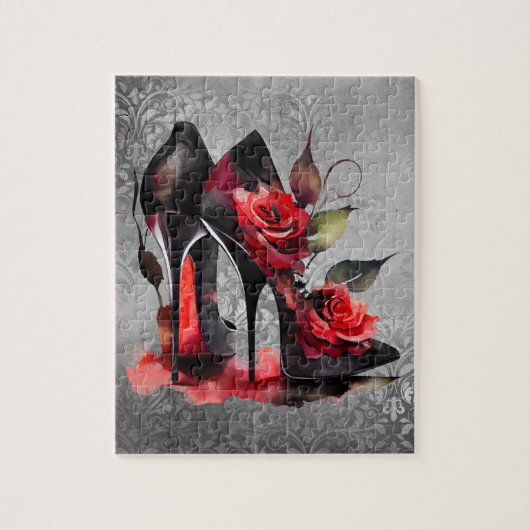 Gothic Fashionista Rote Bottom Stilettos mit Rose Puzzle (Vertikal)
