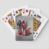 Gothic Fashionista Rote Bottom Stilettos mit Rose Spielkarten (Rückseite)