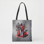 Gothic Fashionista Rote Bottom Stilettos mit Rose Tasche (Vorderseite)