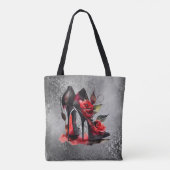 Gothic Fashionista Rote Bottom Stilettos mit Rose Tasche (Rückseite)