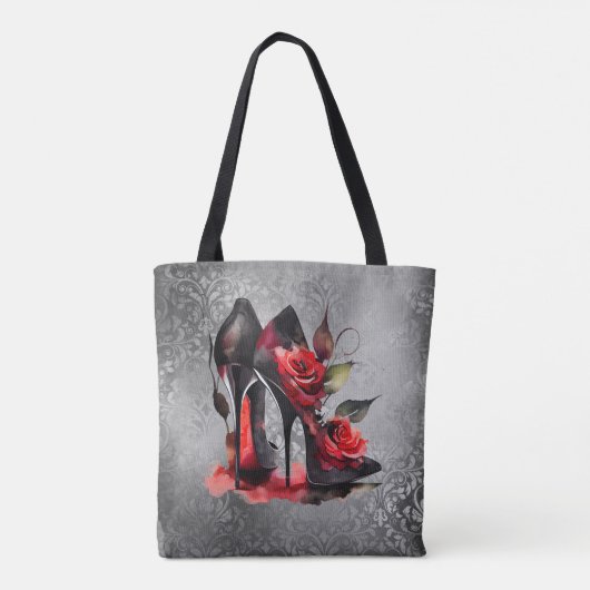 Gothic Fashionista Rote Bottom Stilettos mit Rose Tasche (Rückseite)