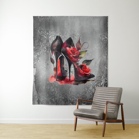 Gothic Fashionista Rote Bottom Stilettos mit Rose Wandteppich (Beispiel)