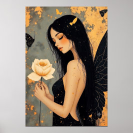 Gothic-Feenkönigin mit weißen Flügeln und Rose Poster